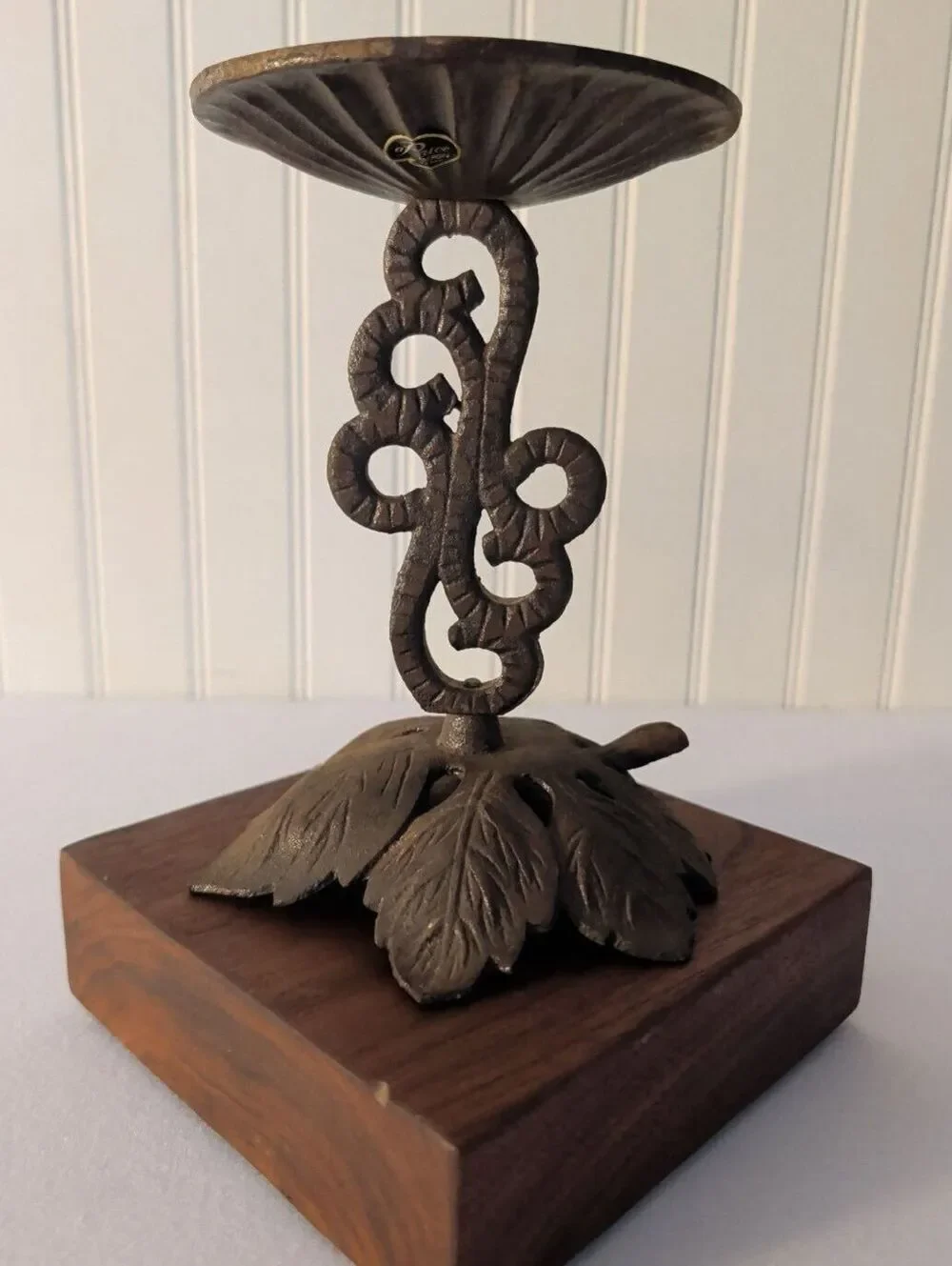 Vintage Cast Iron Scroll Candle Holder Mid Century Fluted Pillar Art Nouveau